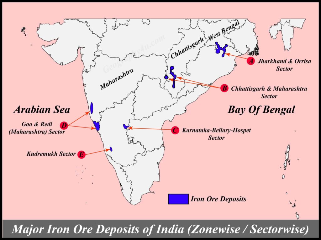 Distribution of iron ore and manganese found in India