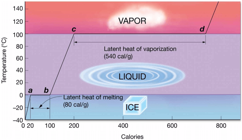 Chapter 5 Water and Seawater Latent heats and changes of state of water. The latent heat of melting (80 calories per gram) is much less than the latent heat of vaporization (540 calories per gram).