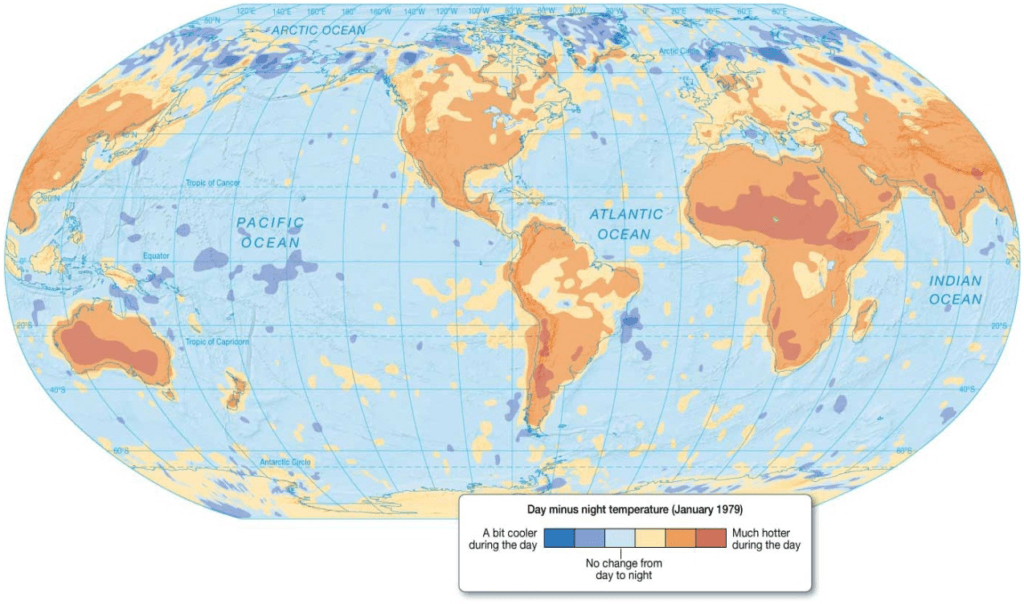Chapter 5 Water and Seawater Day minus night temperature difference. Map showing the differences between day and night surface temperatures on
Earth. Data based on satellite measurement of the average difference in
surface temperature from 2:00 p.m. to 2:00 a.m. during January 1979.