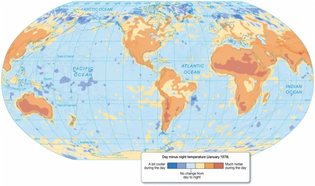 Chapter 5 Water and Seawater Day minus night temperature difference. Map showing the differences between day and night surface temperatures on
Earth. Data based on satellite measurement of the average difference in
surface temperature from 2:00 p.m. to 2:00 a.m. during January 1979.