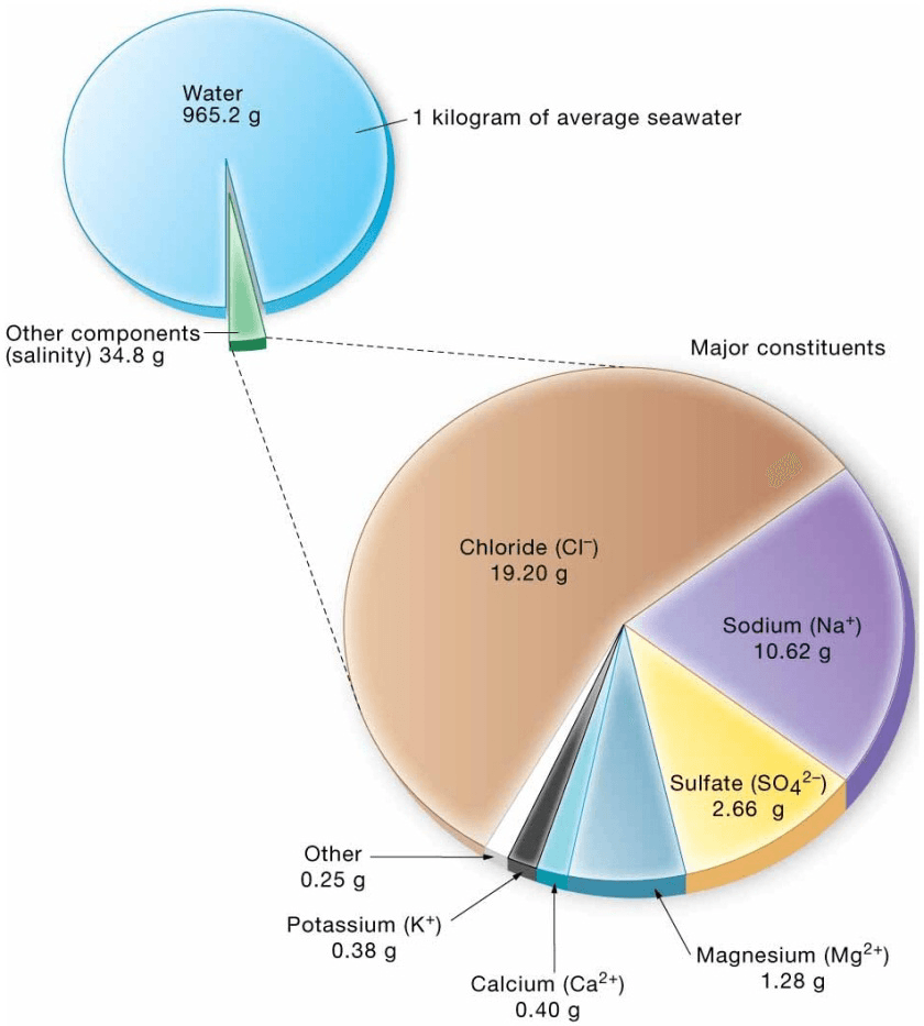 Chapter 5 Water and Seawater Major dissolved components in seawater.
Diagrammatic representation of the most abundant components
in a kilogram of 35‰ salinity seawater. Constituents are listed in
grams per kilogram, which is equivalent to parts per thousand (‰).