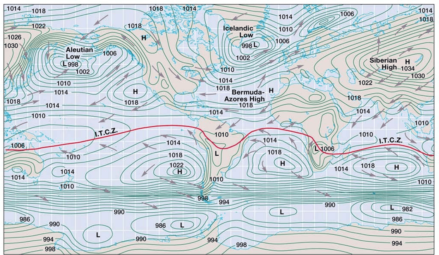 Wind and Pressure Distribution on the Earth Surface for GSI, GG Gate, and CSIR Earth Science NET Exam Mean Sea level pressure in january