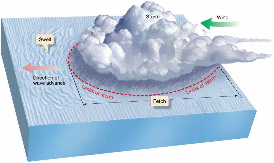 Factors that contribute to creating large waves
in the “sea” and the origination of swell.
