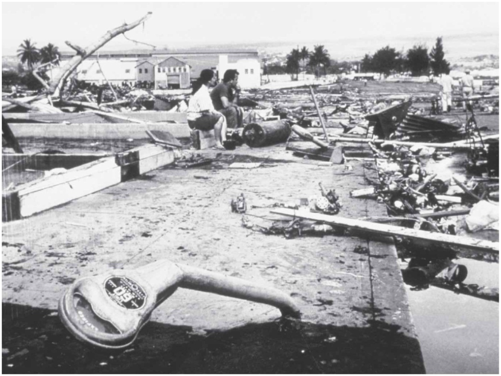 Tsunami damage in Hilo, Hawaii.
Flattened parking meters in Hilo, Hawaii, caused by the 1946 tsunami
that resulted in more than $25 million in damage and 159 deaths.