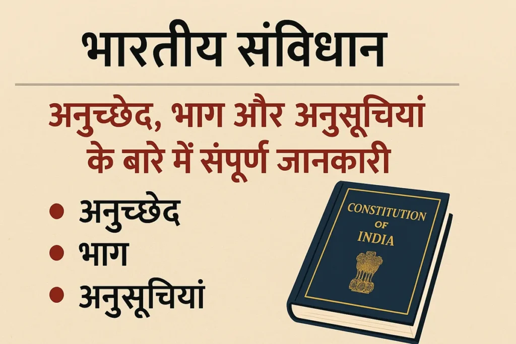 भारतीय संविधान: अनुच्छेद, भाग और अनुसूचियों के बारे में संपूर्ण जानकारी A Hindi infographic about the Indian Constitution, featuring the title "भारतीय संविधान" with details on Articles, Parts, and Schedules, alongside an illustrated book labeled "Constitution of India