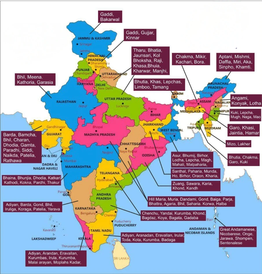 भारत की प्रमुख जनजातियां(tribes) कौन-कौन सी हैं, और ये कहाँ पाई जाती हैं? Map showing major tribes of India"s different states