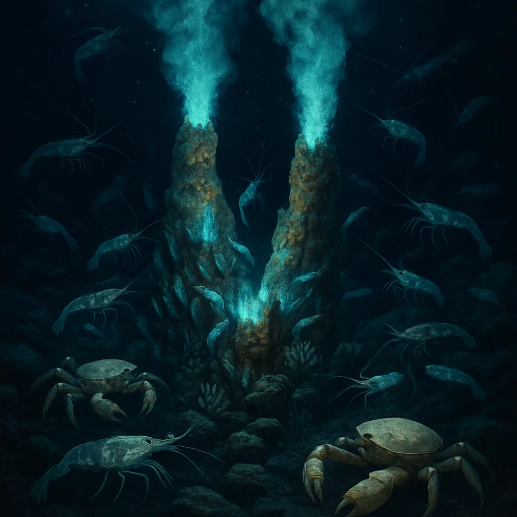 Abyss Box Deep-sea hydrothermal vent ecosystem showing Mirocaris fortunata vent shrimp and Segonzacia mesatlantica crabs in their natural high-pressure habitat at 1700 meters depth