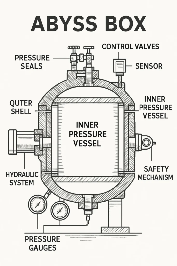 Abyss Box Technical cross-section diagram of Abyss Box showing 316 Ti stainless steel construction, conical viewports, high-pressure pumps, and temperature control systems