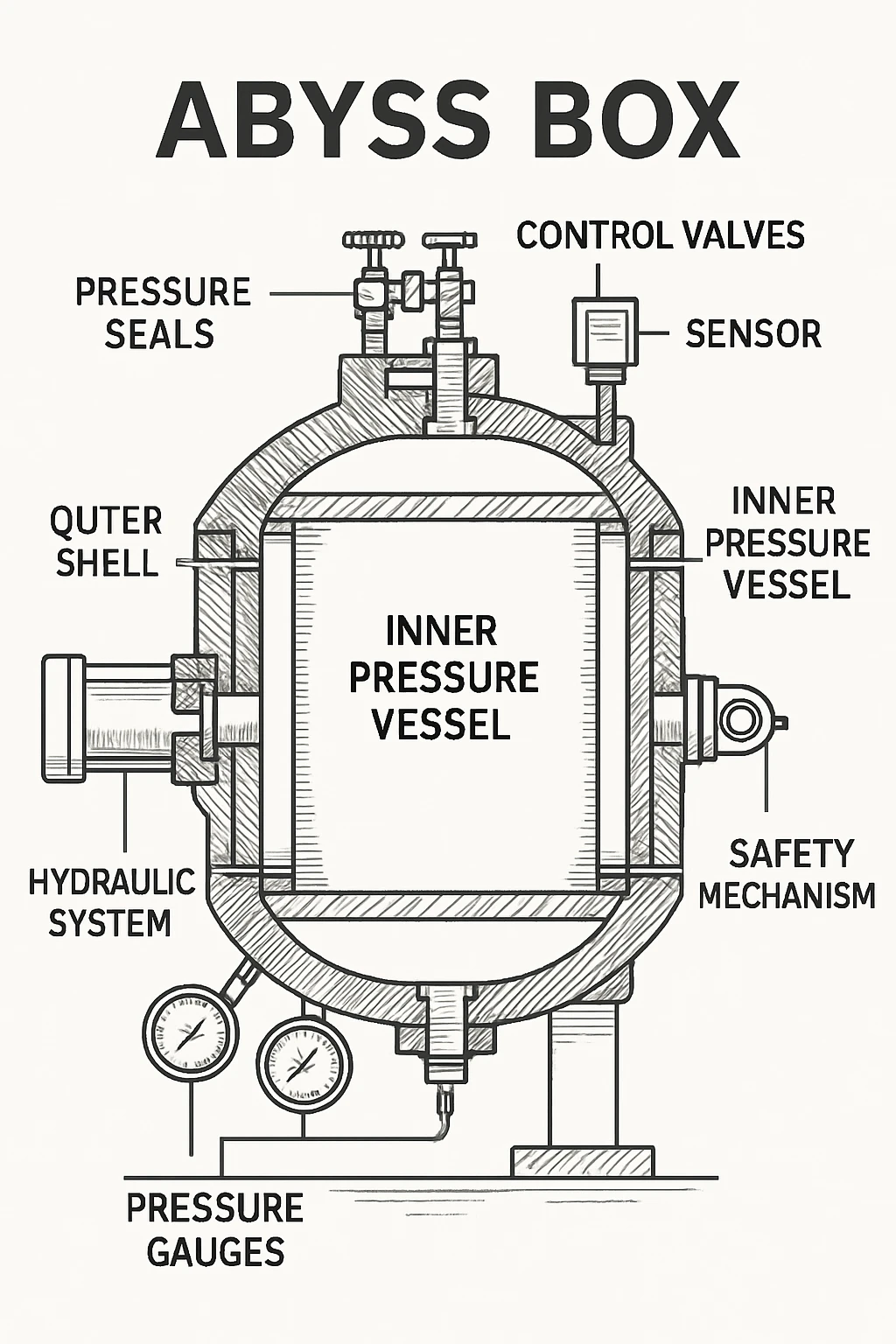 Technical cross-section diagram of Abyss Box showing 316 Ti stainless steel construction, conical viewports, high-pressure pumps, and temperature control systems