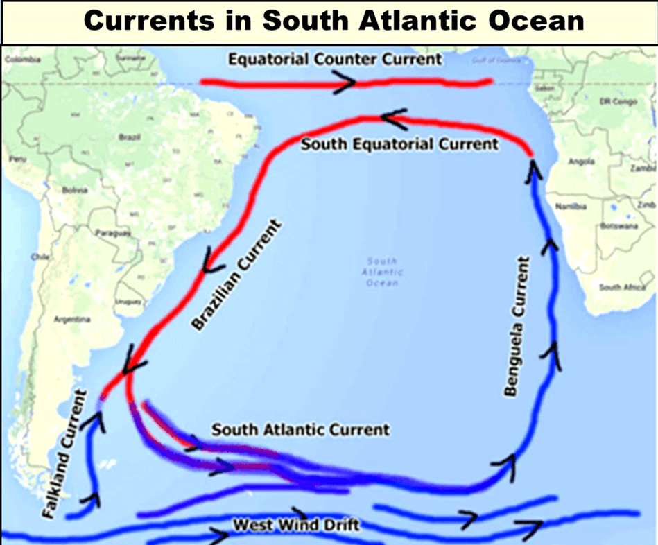 महासागरीय धाराएँ (Ocean Currents) दक्षिणी अटलांटिक महासागर की धाराएँ (The Currents of South Atlantic Ocean)