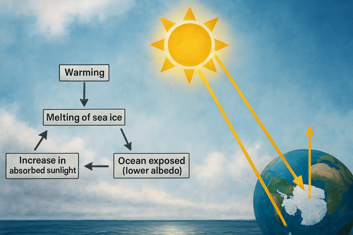Diagram showing the ice–albedo feedback loop where melting sea ice leads to more sunlight absorption and further warming