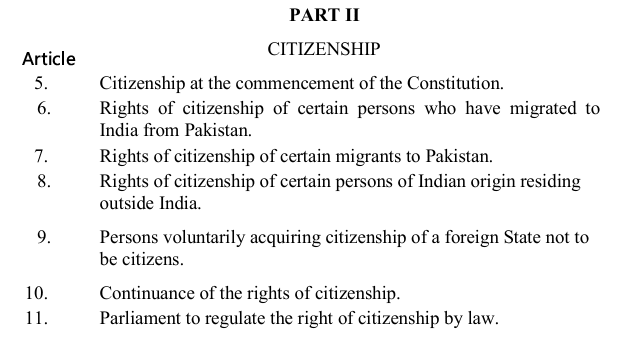 Indian Constitution Part II Citizenship Articles 5 to 11 – provisions on citizenship at the commencement of the Constitution, migration from Pakistan, migrants to Pakistan, Indian origin persons abroad, foreign citizenship, continuance of rights, and Parliament’s power to regulate citizenship laws.