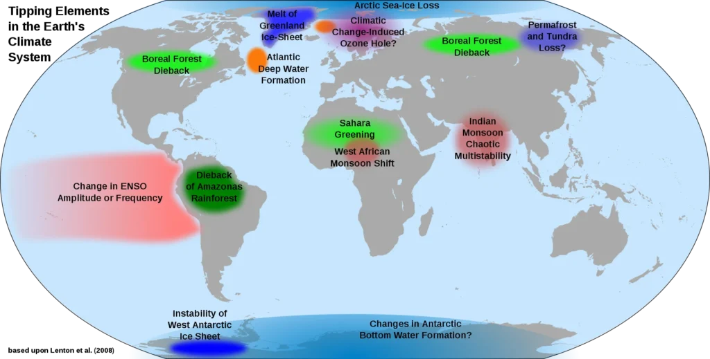 Global climate tipping points. While these are certainly based upon today's environment, many of these would have also been tipping points at various times in Earth's past (Wikipedia Commons).