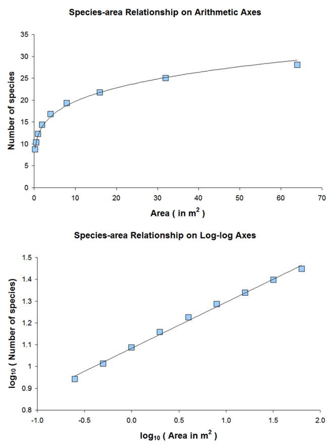 Species-area curve in arithmetic and log-log space. Z represents the slope of this curve. C is akin to the y-intercept, and A is the independent variable.