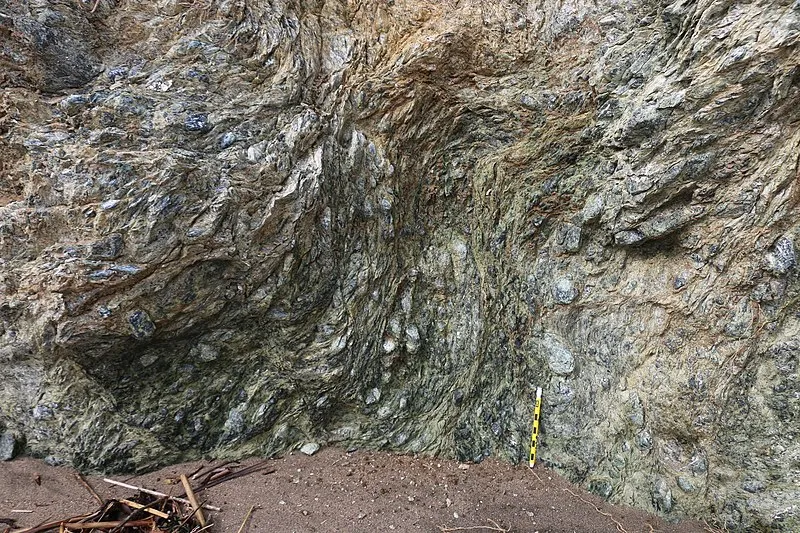 8 Metamorphic Minerals and Metamorphic Rocks Sheared serpentinite with pencil for scale, Marin County, California
