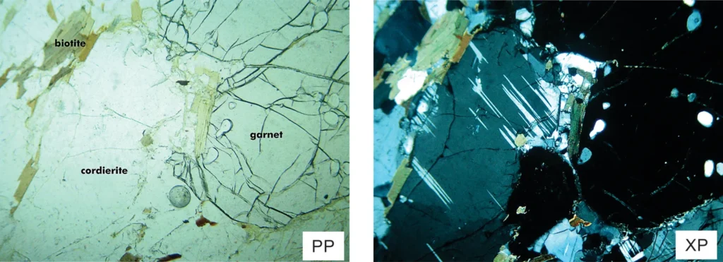 5 Optical Mineralogy Cordierite-garnet-biotite gneiss in PP and XP light. The view is 3 mm across and the sample comes from just south of Kazabazua, Quebec.