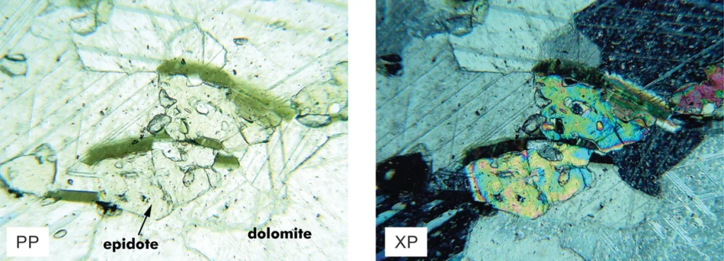 5 Optical Mineralogy PP and XP views of a marble from Essex County, New Jersey
