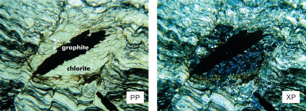 5 Optical Mineralogy PP and XP views of a phyllite from Poughkeepsie, New York