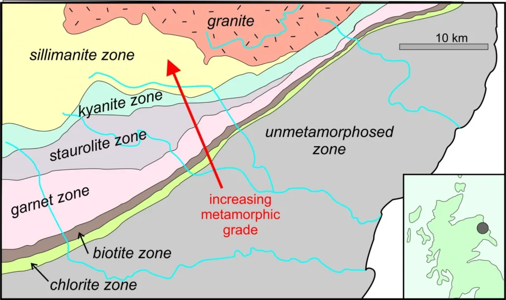 8 Metamorphic Minerals and Metamorphic Rocks Barrovian zones of metamorphism. The insert map shows where, in Scotland, these zones are found.