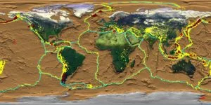 Crustal dynamics in the Earth's geosphere. Red triangles indicate volcanoes and yellow dots indicate earthquake epicenters. Blue lines are plate boundaries.