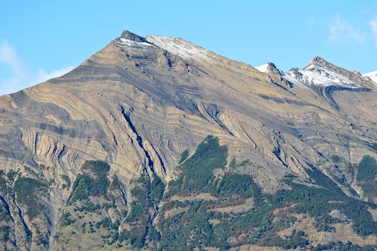 A sunlit mountain, with trees at its base and a bit of snow dusting the top. The area of the mountainside in the middle shows zigzag outcrops of folded and faulted sedimentary layers. The folds have an apparent interlimb angles of 35 to 45 degrees: they are tightly folded!