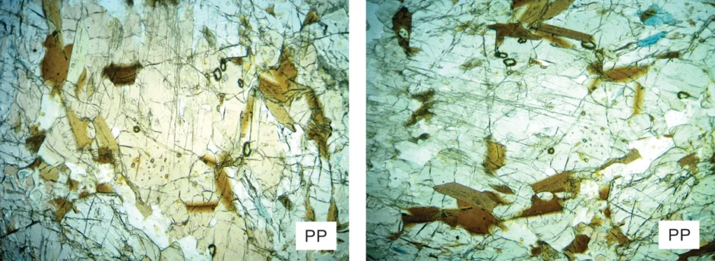 5 Optical Mineralogy Two views (differing by 90o stage rotation) of the same grain of orthopyroxene (PP light)