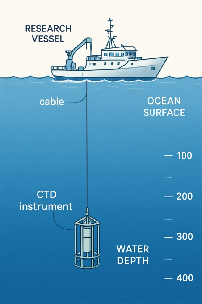 Salinity of Ocean Water CTD instrument being deployed from oceanographic research vessel