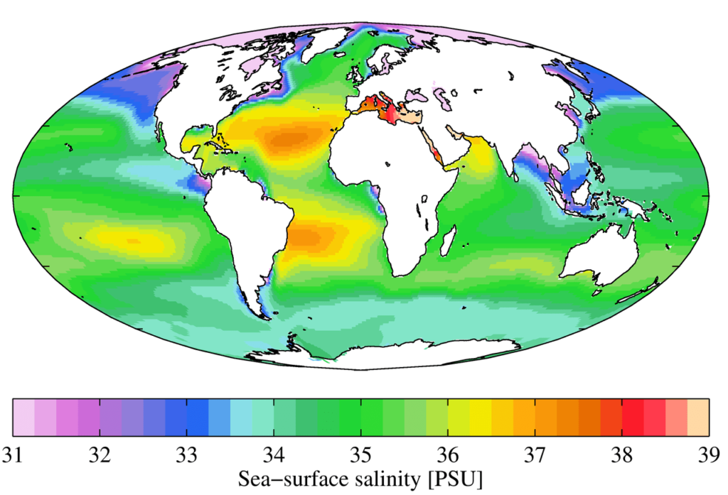 Salinity of Ocean Water Global sea-surface salinity distribution showing variations from about 31 to 39 PSU with higher salinity in subtropical seas and lower salinity near polar and river-influenced regions