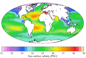 StudyHUB – Free Open Educational Resources Global sea-surface salinity distribution showing variations from about 31 to 39 PSU with higher salinity in subtropical seas and lower salinity near polar and river-influenced regions