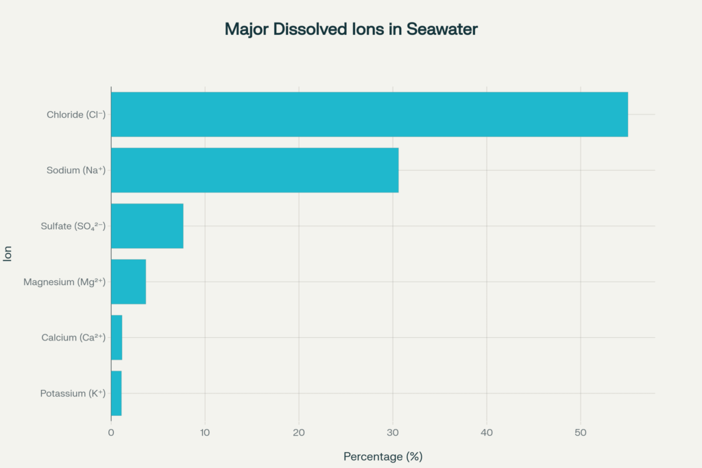 Salinity of Ocean Water Major dissolved ions in seawater showing the six primary components that make up over 99% of dissolved salts