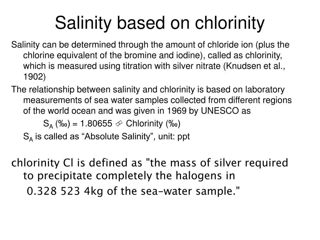 Salinity of Ocean Water Laboratory method for measuring ocean salinity using chlorinity titration with silver nitrate, highlighting the formula linking salinity and chlorinity