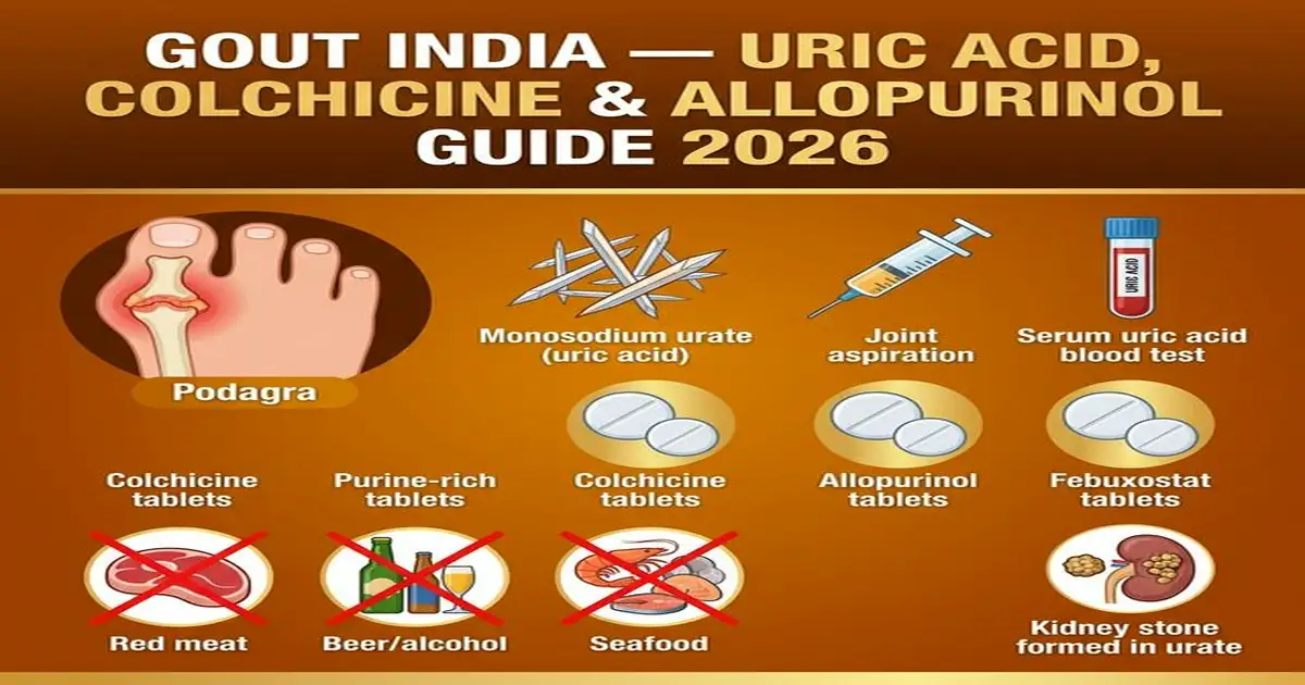 Gout India โ Uric Acid, Colchicine Acute, Allopurinol ULT, Febuxostat & Dietary Triggers Gout India โ Uric Acid Colchicine Allopurinol Hyperuricaemia Joint Treatment