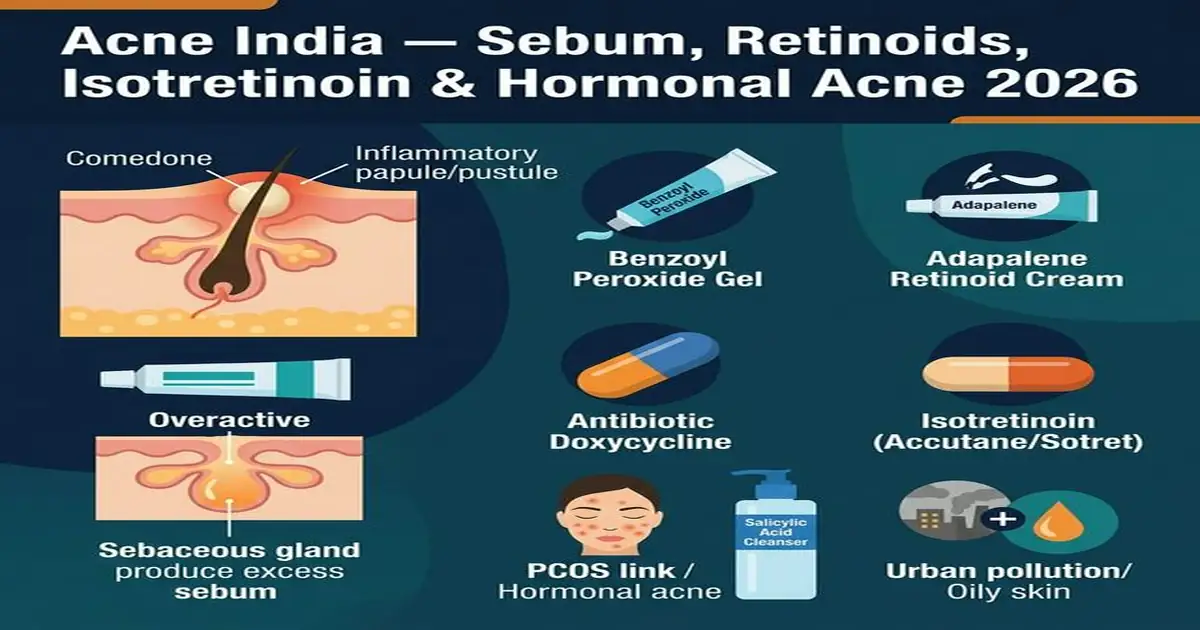 Acne Vulgaris India — Retinoids, Benzoyl Peroxide, Isotretinoin, PIH & Hormonal Acne PCOS Acne Vulgaris India — Sebum Retinoids Isotretinoin Benzoyl Peroxide Hormonal Acne Treatment