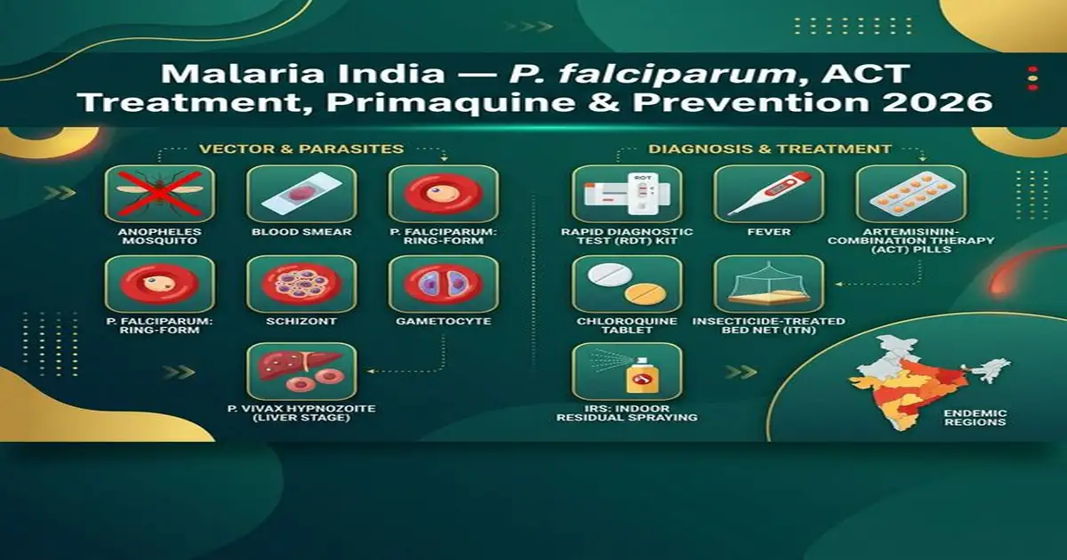Malaria India β P. falciparum ACT, P. vivax Primaquine G6PD, IV Artesunate, LLIN & R21 Vaccine Malaria India β P. falciparum ACT Treatment Primaquine Chloroquine Prevention RDT