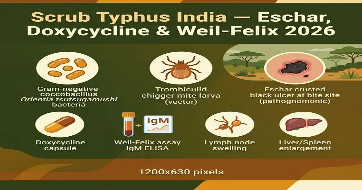 Scrub Typhus India — Eschar Orientia Tsutsugamushi Doxycycline Weil-Felix Treatment