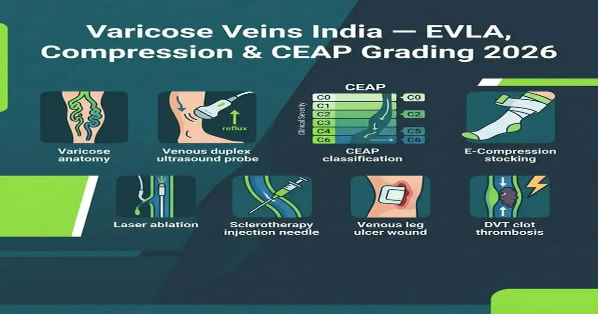 Varicose Veins India — EVLA Laser Ablation CEAP Grading Compression Sclerotherapy 2026