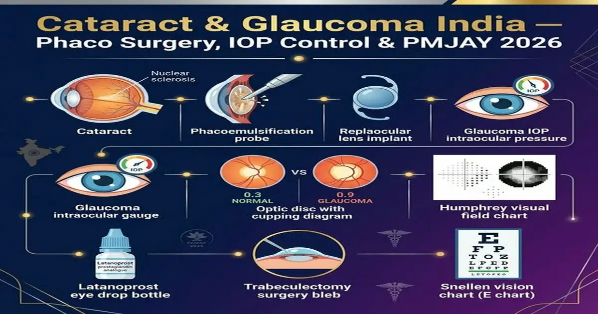 Cataract Glaucoma India — Phacoemulsification Surgery IOP Control PMJAY Latanoprost 2026