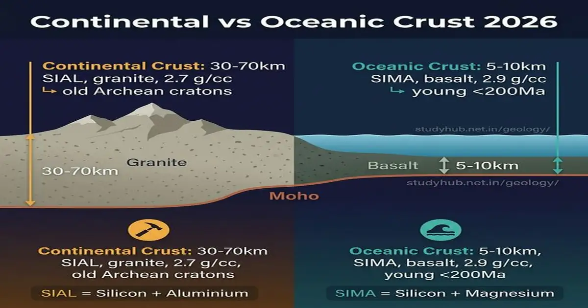 Continental vs Oceanic Crust SIAL SIMA Moho Discontinuity India 2026