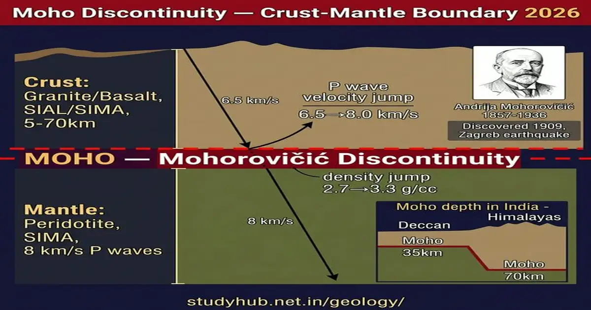 Mohorovicic Discontinuity Moho Crust Mantle Boundary Seismic Velocity India UPSC 2026