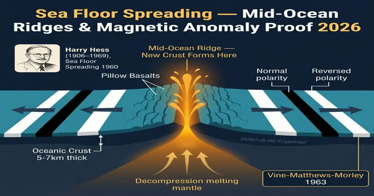 Sea Floor Spreading Harry Hess Magnetic Anomaly Stripes Vine Matthews Mid Ocean Ridge UPSC 2026