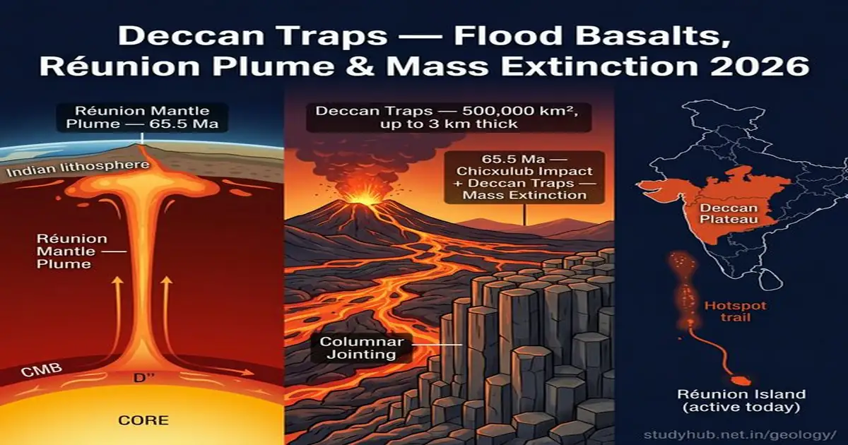 Deccan Traps — Flood Basalts, Réunion Plume, K-Pg Extinction & Black Cotton Soil 2026 Deccan Traps Flood Basalt Reunion Mantle Plume K-Pg Mass Extinction India UPSC 2026