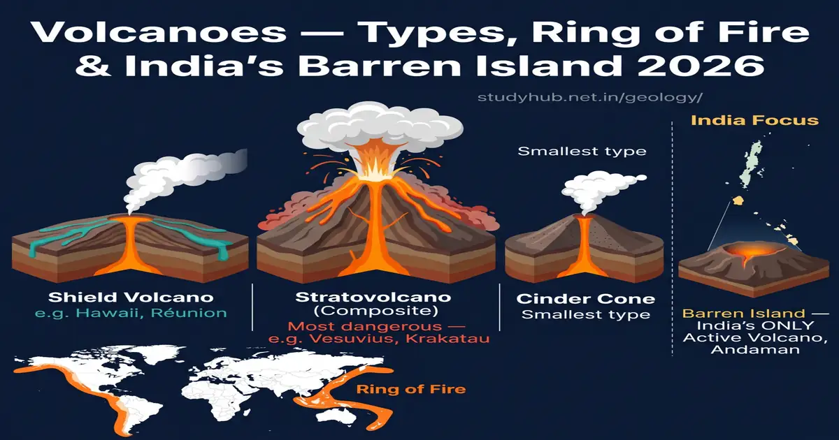 Volcanoes — Types, Ring of Fire, Barren Island & India Volcanic Features 2026 Volcanoes Types Shield Stratovolcano Cinder Cone Barren Island India UPSC 2026