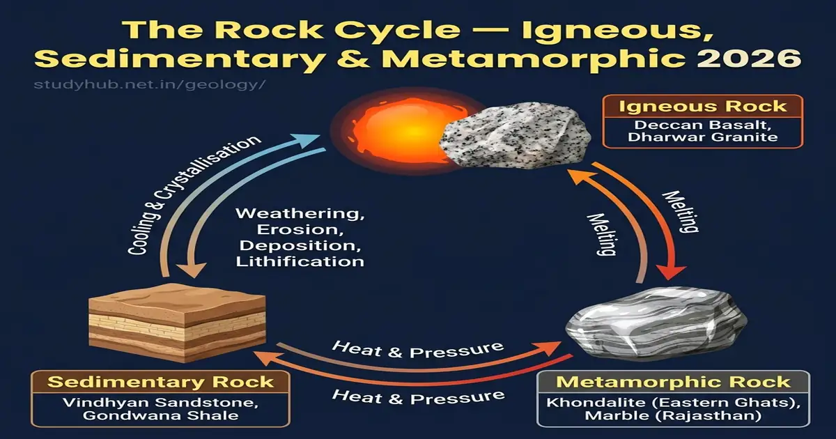 Rock Cycle — Igneous, Sedimentary & Metamorphic Rocks with India Examples 2026 Rock Cycle Igneous Sedimentary Metamorphic India Examples UPSC 2026