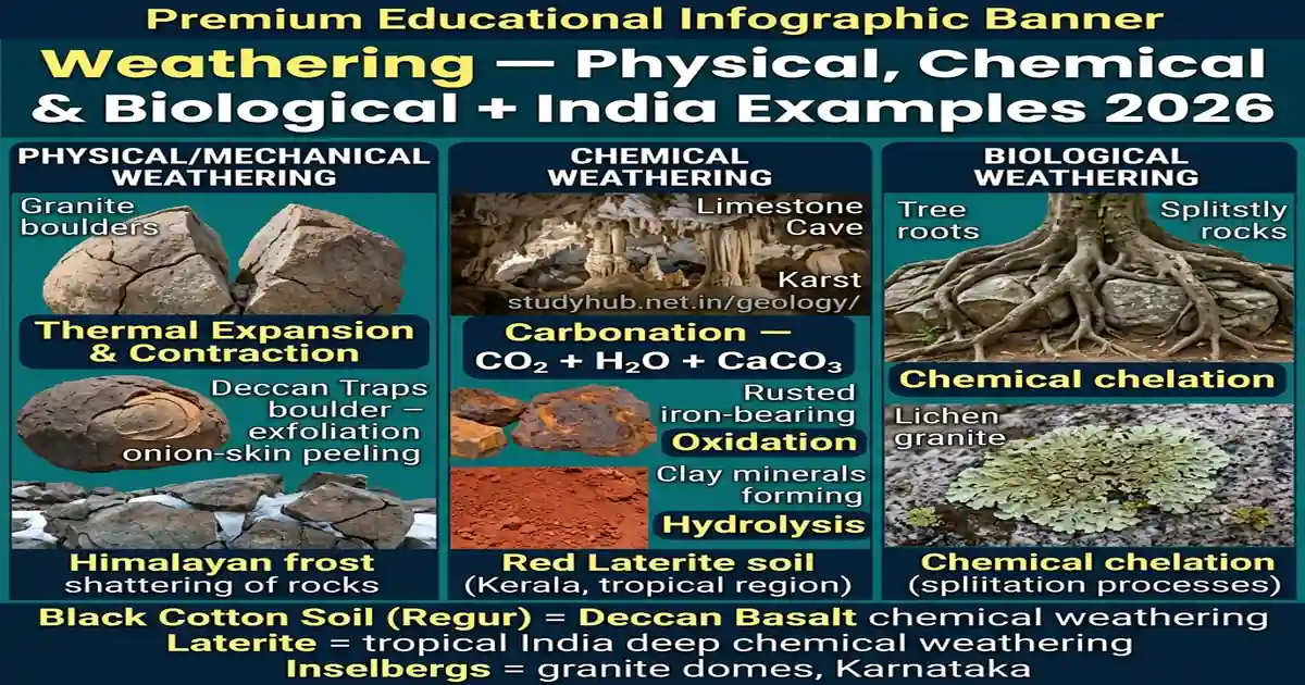 Weathering Physical Chemical Biological India Examples Laterite Regur UPSC 2026