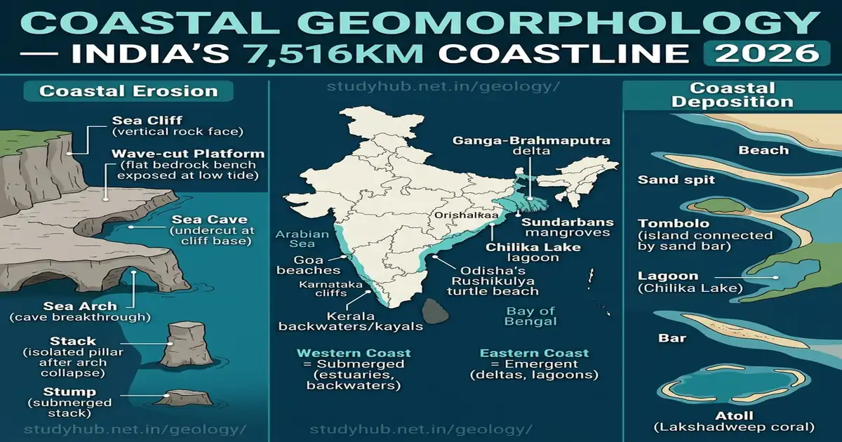 Coastal Geomorphology India 7516km Coastline Wave Erosion Deposition Landforms UPSC 2026