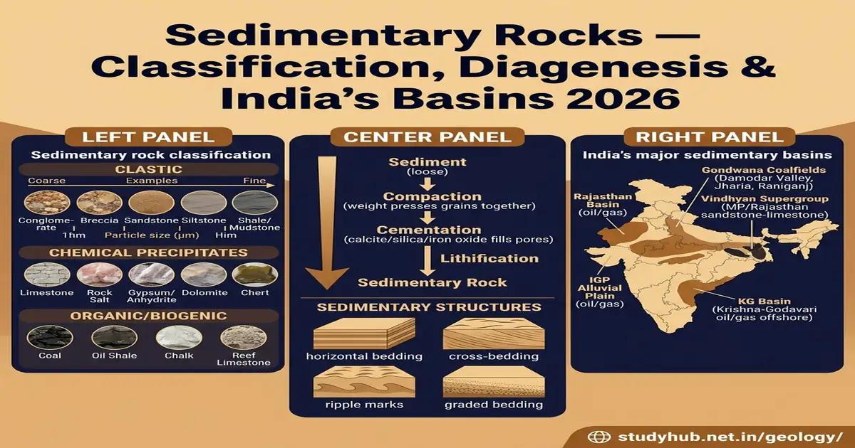 Sedimentary Rocks β Classification, Diagenesis & India's Sedimentary Basins 2026 Sedimentary Rocks Classification Diagenesis India Sedimentary Basins Coal Petroleum UPSC 2026
