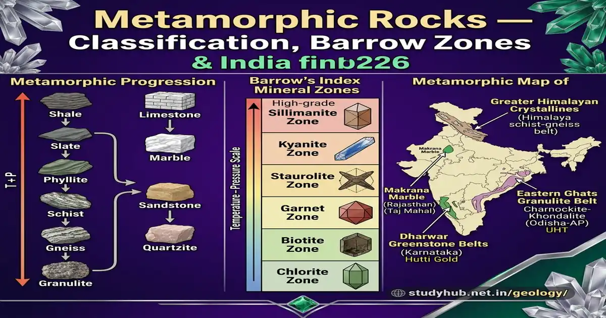 Metamorphic Rocks Classification Barrow Zones India Slate Schist Gneiss Marble UPSC 2026
