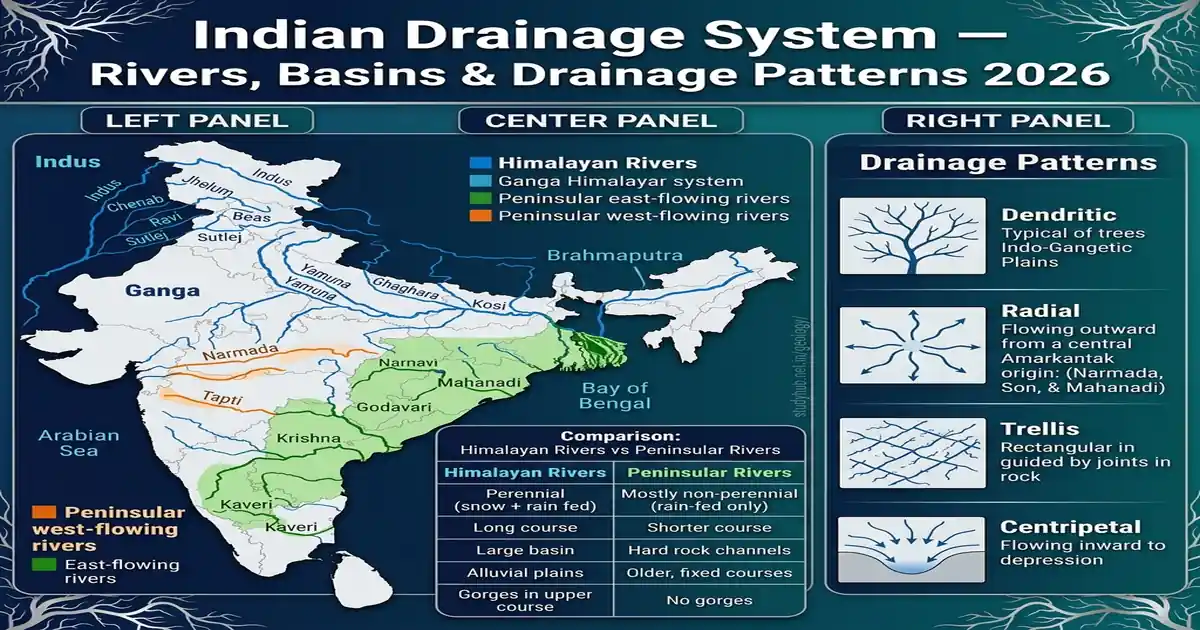 Indian Drainage System Himalayan Peninsular Rivers Drainage Patterns Water Management UPSC 2026