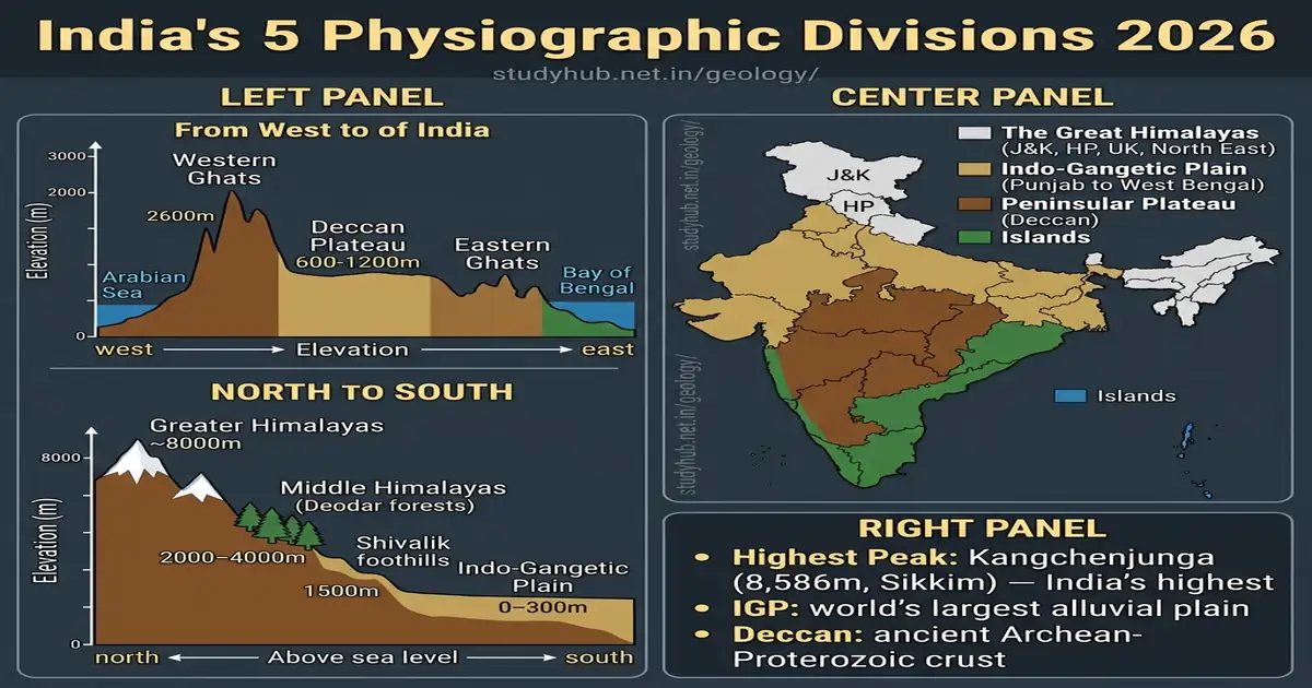 India's 5 Physiographic Divisions — Himalayas, IGP, Peninsular Plateau, Coastal Plains & Islands 2026 India Physiographic Divisions Himalayan Mountains IGP Peninsular Plateau Coastal Plains Islands UPSC 2026