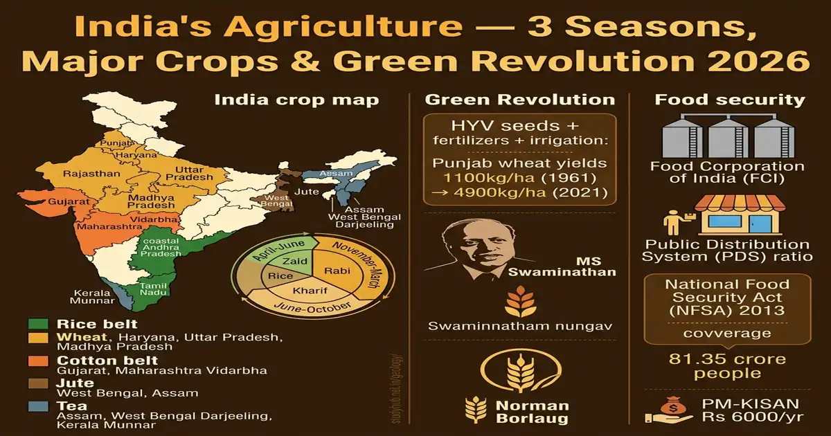 India Agriculture Cropping Seasons Major Crops Green Revolution Food Security UPSC 2026